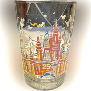 VTG DISNEY WORLD LANND 25 ANNIVERSARY COMMEMORATIVE GLASS CUP MICKEY DONALD 16OZ